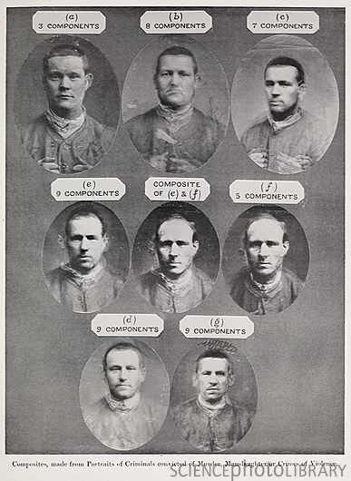 Compósitos de rostos de criminosos (1878), em uma tentativa de determinar as características antropométricas e frenológicas que levariam ao crime. 