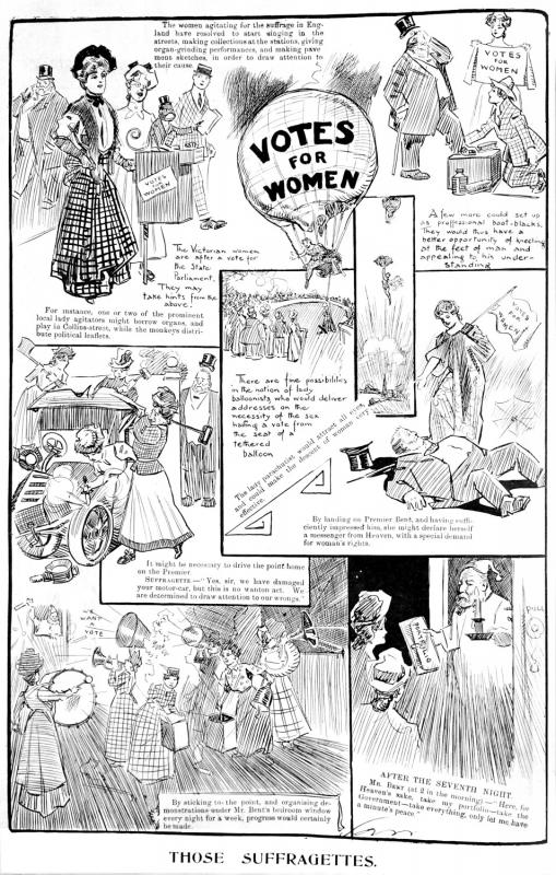 Caricatura australiana de 1908 sobre as sufragetes, mulheres que lutavam pelo sufrágio, ou seja, direito ao voto.