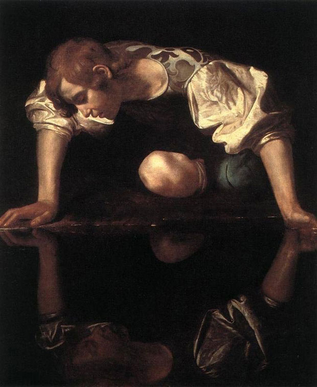 Narciso, pintura atribuída ao pintor Caravaggio, pintado entre 1597 e 1599