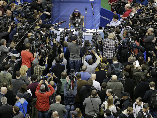 Richard Sherman durante o Media Day: até domingo, tudo é Super Bowl. 