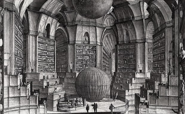 "A Sala dos Planetas", ilustração de Erik Desmazières para o conto de Jorge Luis Borges, "A Biblioteca de Babel"