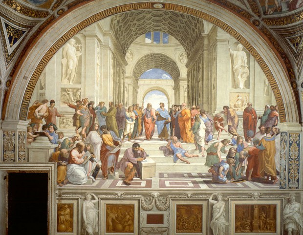 Escola de Atenas, afresco do pintor Rafael. Ao centro, Aristóteles segurando "Ética a Nicômaco", sua principal obra sobre Ética.