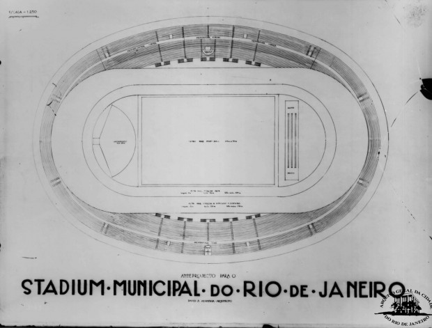 Ante-projeto de construção do Maracanã, ainda sem o formato real da arquibancada. Imagem do Lancenet (clique para ver maior)