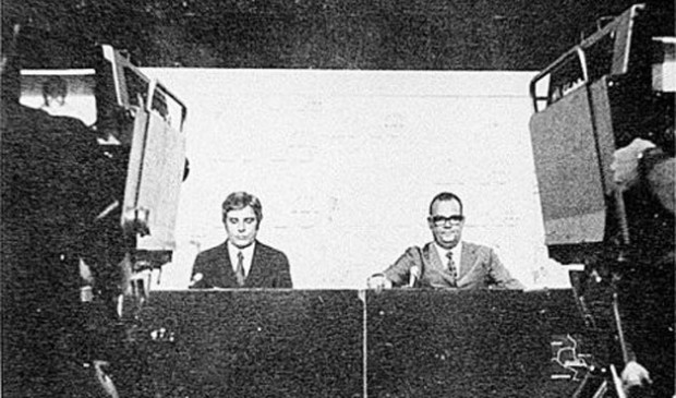 Cid Moreira e Hilton Gomes na primeira edição do Jornal Nacional, em 1969
